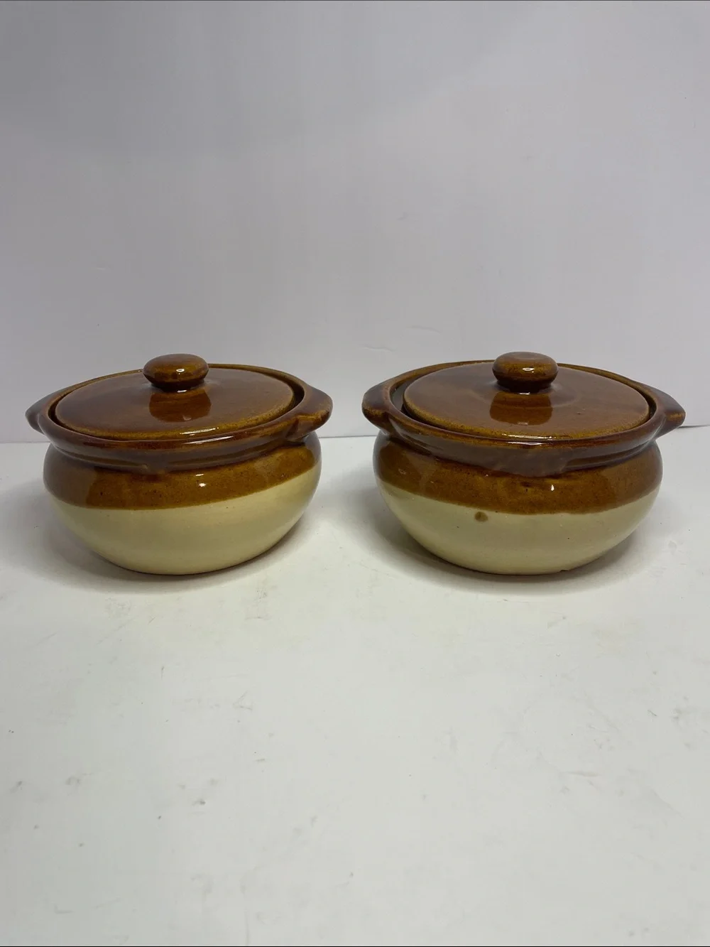 Stoneware Covered Casserole Bowls “bean pots” in Brown and Cream - Set of 2